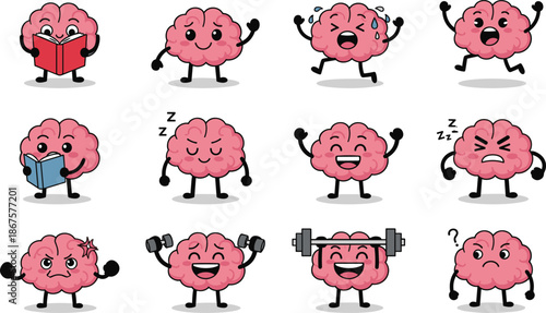 Cartoon brain character set, emotional expressions, reading, exercising, sleeping, cute vector illustration, mental activity icons, flavector