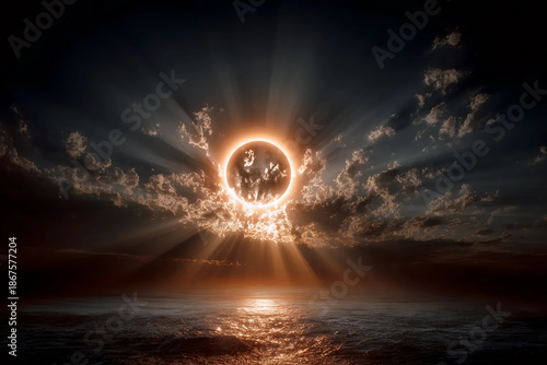 Surreal Light Installation Art, Geometric Night Reflection, Mystical Horizon Glow
