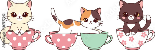 Cartoon cats in teacups, cute illustration, whimsical animal art, pastel colors, playful design, vector drawing, kitchenware theme, flavector