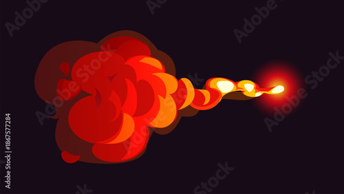 Cartoon magic red smoke effect, fireball with flame and smoke swirl. Vector explosion glowing with hot energy and dynamic burning shapes on dark background. Fantasy cloud with sparks and light
