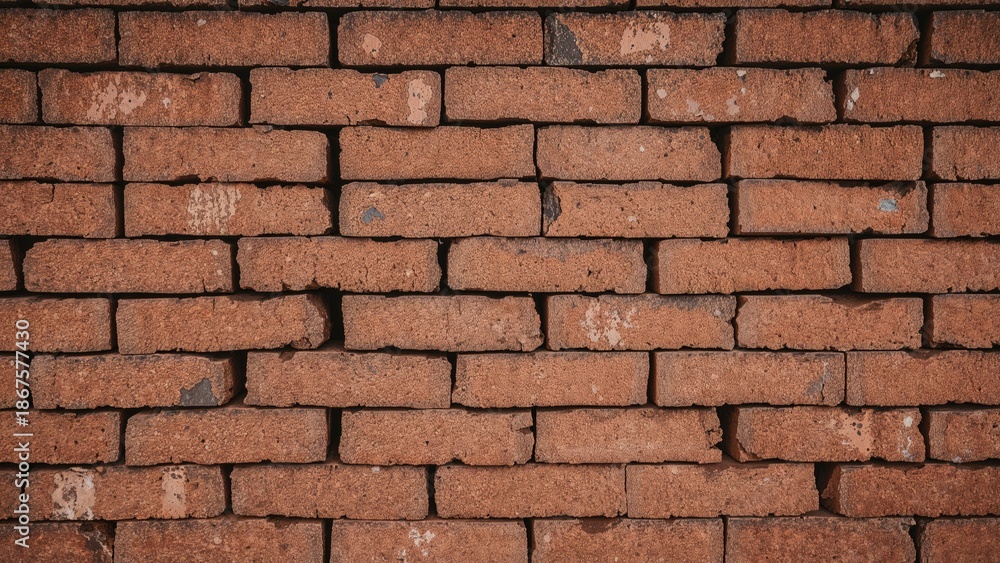 Obraz premium A close-up view of a brick wall showing reddish-brown bricks arranged in a staggered pattern.