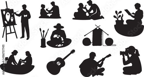 Silhouettes of people engaging in creative activities together