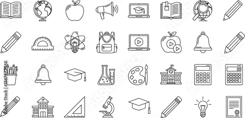 Minimal Education Line Icons Set with School, Science, Learning Tools Vector Illustration.