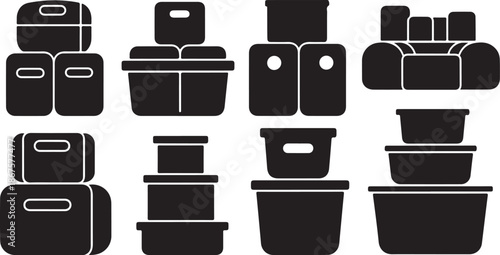 Black and white kitchen container storage icons set