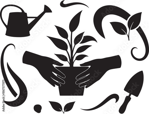 Hands holding a potted plant with gardening tools