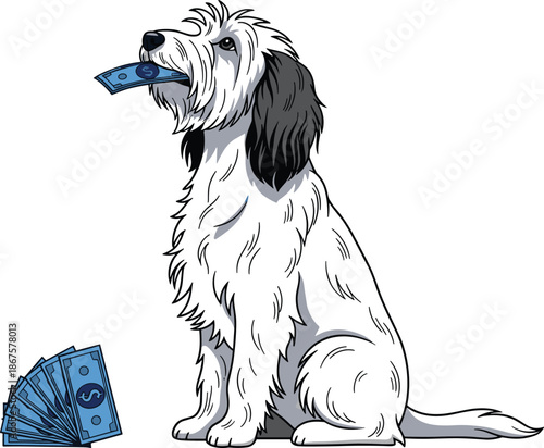 Cartoon dog, money concept, dollar bills, pet finance, white dog, black ears, blue cash, sitting pose, cute animal, humorous theme, vector illustration, financial 