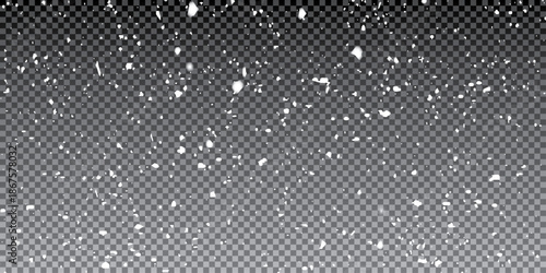 Small falling snowflakes. Snow storm effect, blurred, cold wind with snow png. Holiday powder snow for cards, invitations, banners, advertising.