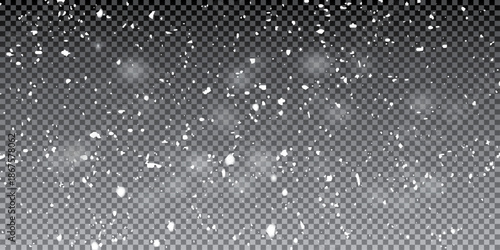 Small falling snowflakes. Snow storm effect, blurred, cold wind with snow png. Holiday powder snow for cards, invitations, banners, advertising.