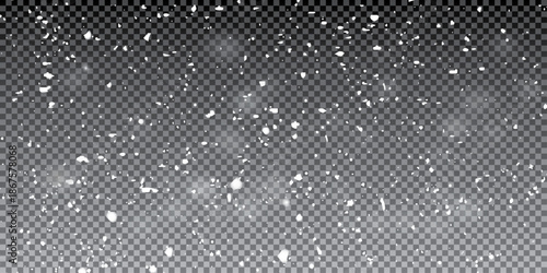Small falling snowflakes. Snow storm effect, blurred, cold wind with snow png. Holiday powder snow for cards, invitations, banners, advertising.