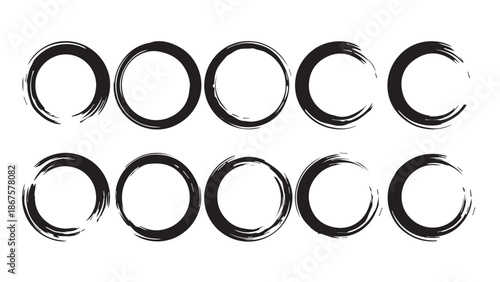 Grunge circle frames featuring hand drawn rough brush textures and ink splash effects. Minimalist round borders for logos, labels, banners, prints, and branding. Zen-inspired vector set..eps