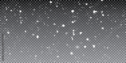 White snowflakes on a transparent background. Snow flakes, snow background. Heavy snowfall, snowflakes in different shapes