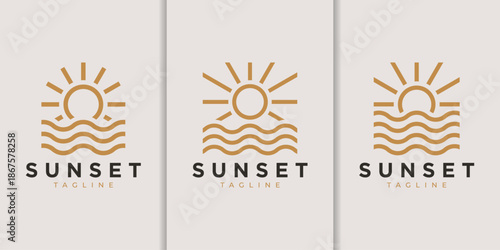 Minimal sunset logo with sun and ocean wave line art