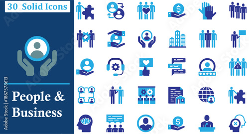 set of 30 solid people and business icons for teamwork support community customer service and corporate management vector