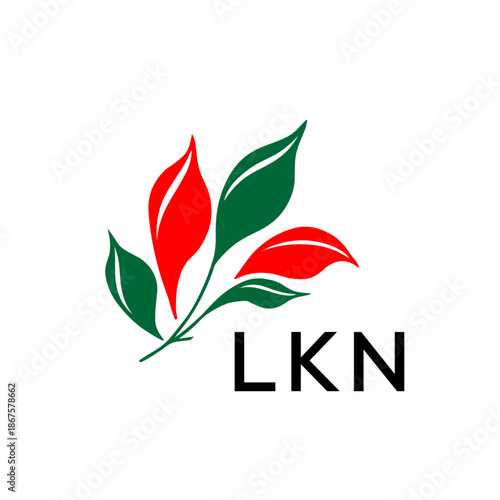 Modern Nature Inspired Logo with Red and Green Leaves, LKN Later Logo, Abstract Botanical Logo with Elegant Typography ,
