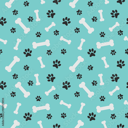 Blue pet seamless pattern with white dog bones and black paw prints for nursery