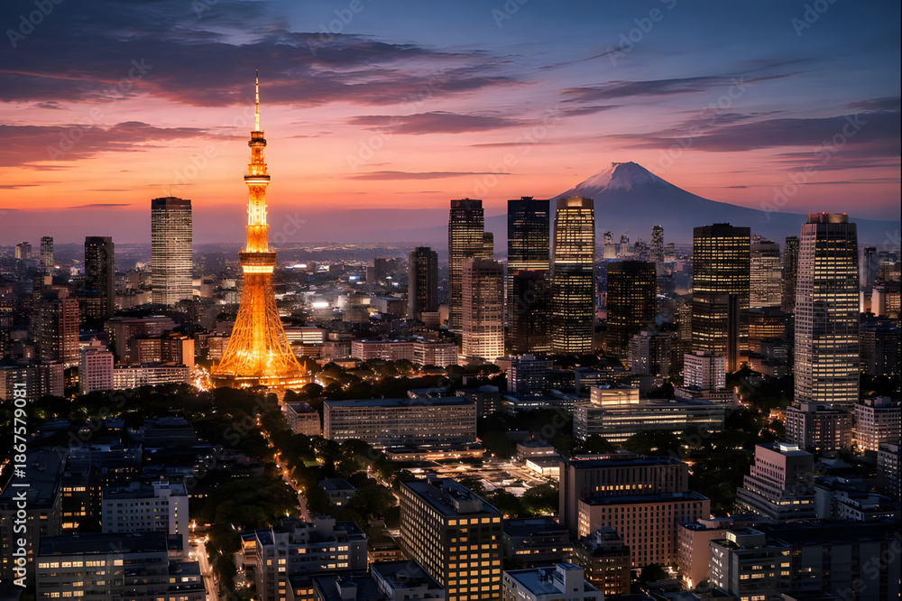 Fototapeta premium Tokyo skyline with illuminated Tokyo Tower and Mount Fuji at sunset