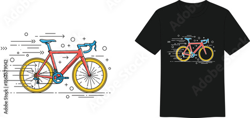 Modern red road bicycle line art, fast cycling sport t-shirt design, racing bike with motion lines, - cad drawing flat vector illustration