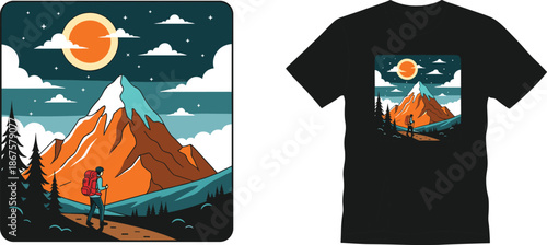 Night hiking adventure t-shirt design, traveler walking on path towards mountain peak under moon and stars nature landscape vector art, - cad drawing flat vector illustration