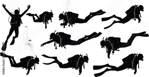 Silhouettes of scuba divers swimming with fins, oxygen tanks and masks in various underwater poses representing adventure, exploration and marine life
