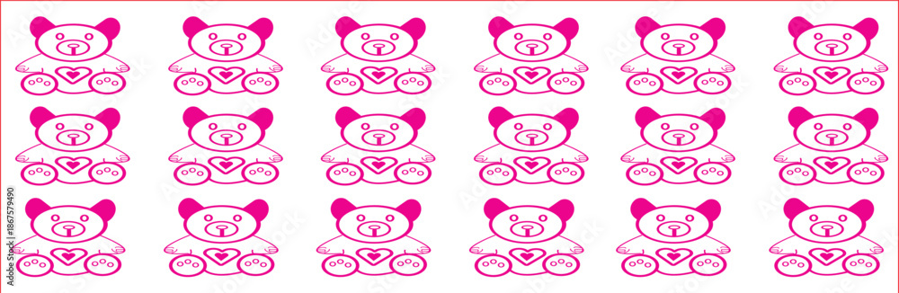 Obraz premium A charming pink and white repeating pattern featuring line art teddy bears with hearts. A soft, minimal design suitable for baby girl nursery decor, feminine branding, children's gift wrap.