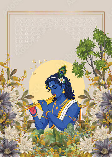 Wallpaper Mural Illustration of a Lord Krishna, Flute Krishna, on a tropical background art design  Torontodigital.ca