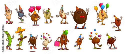 Groovy nut and legume characters with birthday party balloons and gifts, cartoon vector. Funny groovy coconut, walnut and almond in birthday hat, legume bean in sombrero and peanut with birthday cake