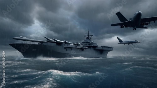 Military aircraft carrier sailing through stormy seas with planes in the sky navy warship