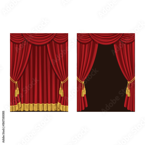 Red Velvet Stage Curtains with Gold Tassels and Trim.