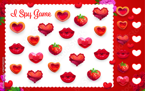 I spy game worksheet with Valentine day love hearts and strawberry, vector puzzle quiz. Kids I spy game to find and match the same picture of Valentine hearts, wedding jewel gems and lips kiss