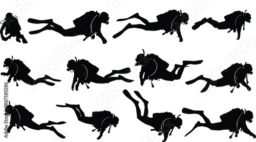 Silhouettes of scuba divers with fins, masks and oxygen tanks swimming in various underwater poses representing adventure, exploration and marine life