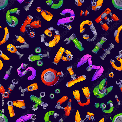Robot hand font and gear wheel typeface letters in seamless pattern, vector background. Cartoon robot hand font letters of mechanic parts or cyborg machine and robotic arm typeface pattern for kids