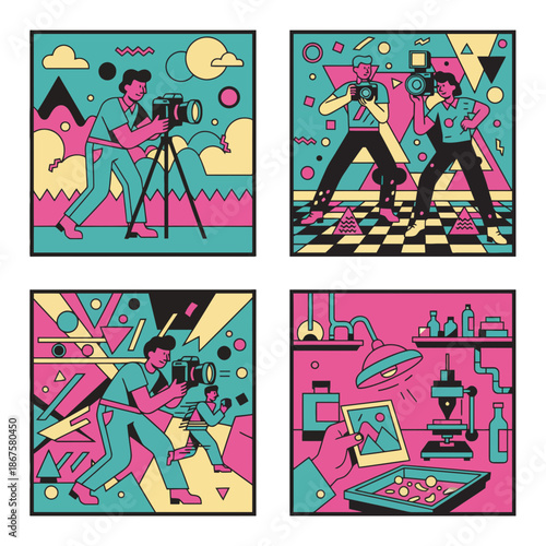 Photographer and Photo Studio Retro Memphis Vector Illustration