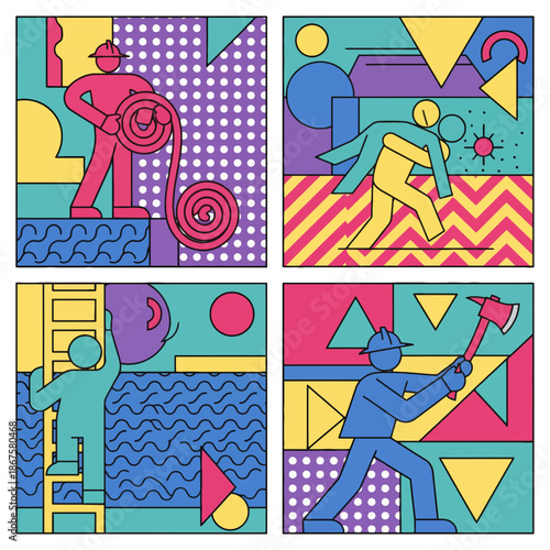 Firefighter and Rescue Service Retro Memphis Style Illustration