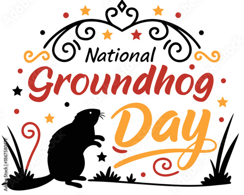 National Groundhog Day Vector Artwork Featuring Groundhog Emerging from Burrow Isolated on White Background