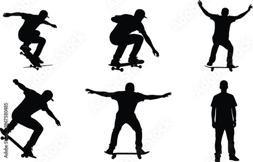Silhouettes of skateboarders performing tricks and stunts in various poses representing extreme sport, urban lifestyle, balance and dynamic movement