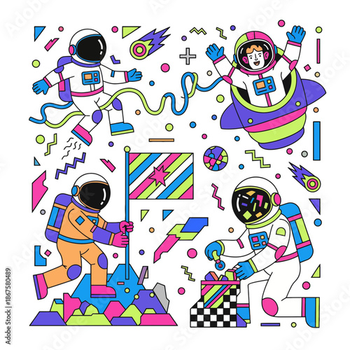 Space Exploration and Astronauts in Retro Pop Art Memphis Style