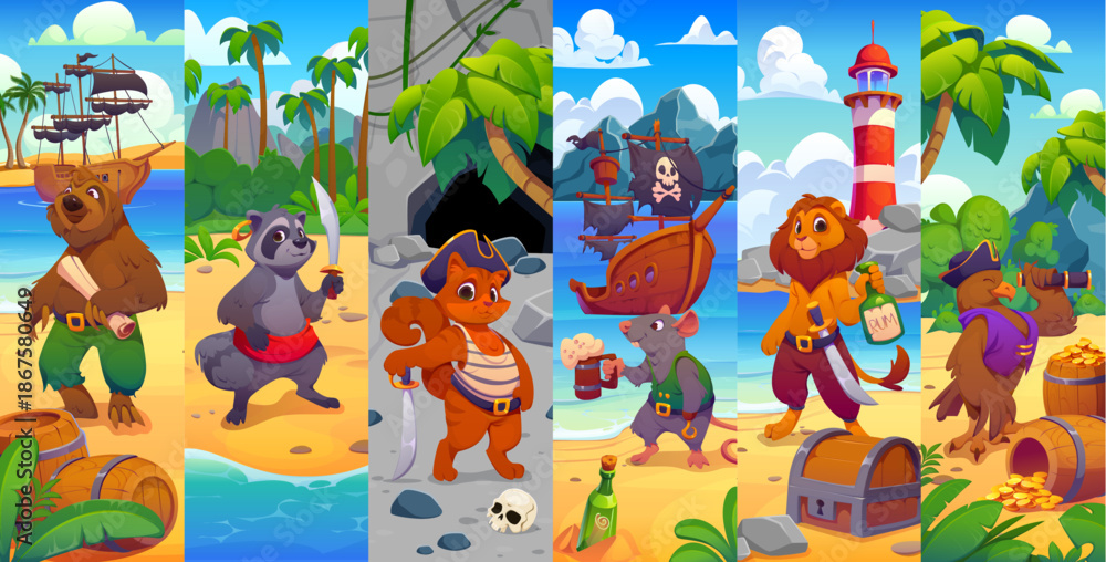 Fototapeta premium Animal pirate crew characters collage cartoon sloth, raccoon, cat, mouse, lion and eagle with swords, maps and rum bottles explore tropical islands, treasure chests, ships and caves in adventure scene