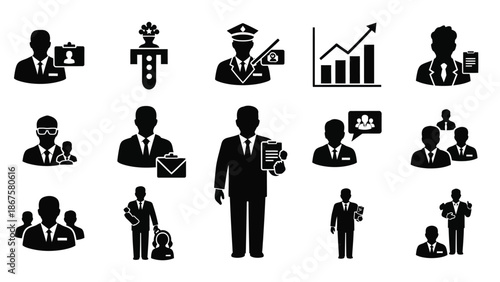 Collection of business people icons in black silhouettes on white background for corporate and professional concepts with office and teamwork
