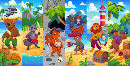 Animal pirate crew characters collage cartoon sloth, raccoon, cat, mouse, lion and eagle with swords, maps and rum bottles explore tropical islands, treasure chests, ships and caves in adventure scene