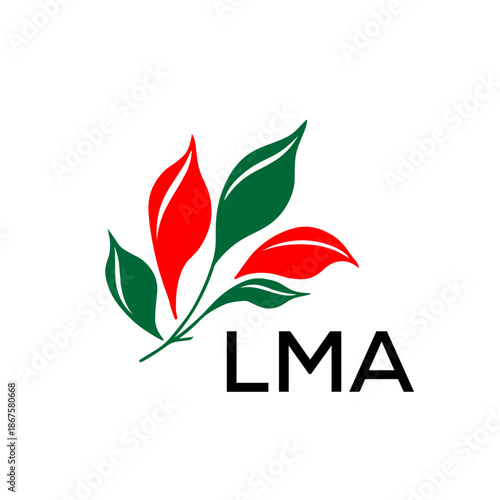 Modern Nature Inspired Logo with Red and Green Leaves, LMA Later Logo, Abstract Botanical Logo with Elegant Typography ,

