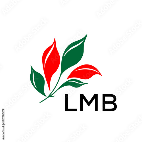Modern Nature Inspired Logo with Red and Green Leaves, LMB Later Logo, Abstract Botanical Logo with Elegant Typography ,

