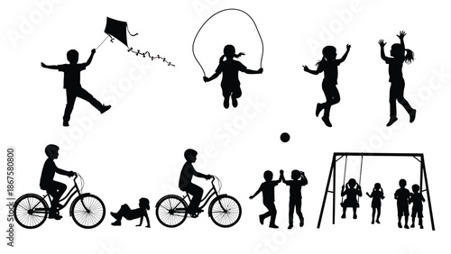 Black silhouette illustration of children playing various outdoor activities including flying kites riding bicycles and swinging on a white background