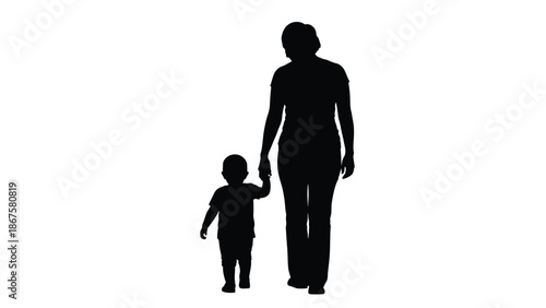 Silhouette of a mother holding hands with her child walking together on a white background vector illustration with family and love and hand in hand