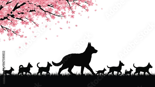 Elegant silhouette illustration of a dog family walking under blooming cherry blossoms against a white background conveying a sense of springtime harmony and togetherness