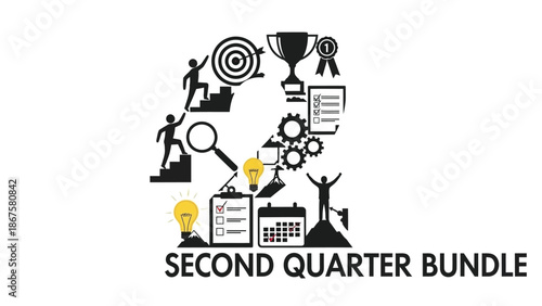 Vector illustration of second quarter bundle concept with business success symbols and icons in a circular arrangement with productivity and achievement
