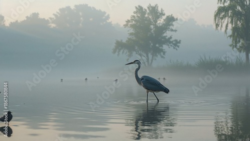 A heron standing in water during early morning with fog and trees in the background. Nature and wildlife scene. Calm, misty environment, peaceful and serene setting. © Lasvu