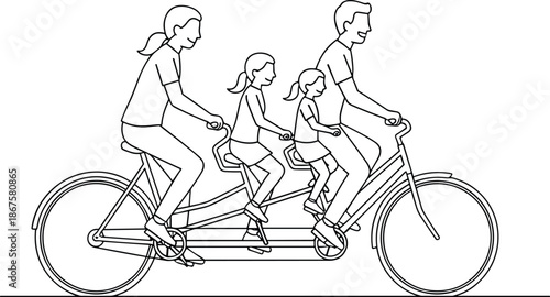 Family tandem bicycle line art vector, black-and-white illustration with adults and children for teamwork, lifestyle, and activity themes