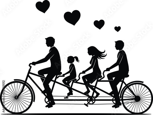 Family tandem bicycle silhouette vector, group riding with hearts for love, unity, outdoor activity, and lifestyle design themes
