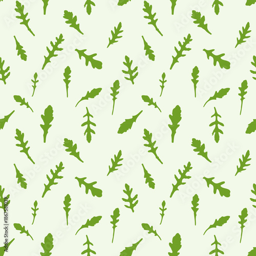 Arugula leaves pattern, leafy vegetables. Microgreen. On light green background. Vector illustration