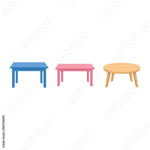 Three colorful childrens tables on a white background.